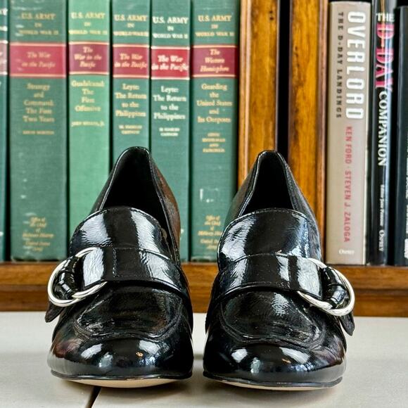 Marc Fisher Black Patent Faux Leather "Caila" Buckle Chunky Heel Loafer Sz 6.5 - Picture 4 of 7